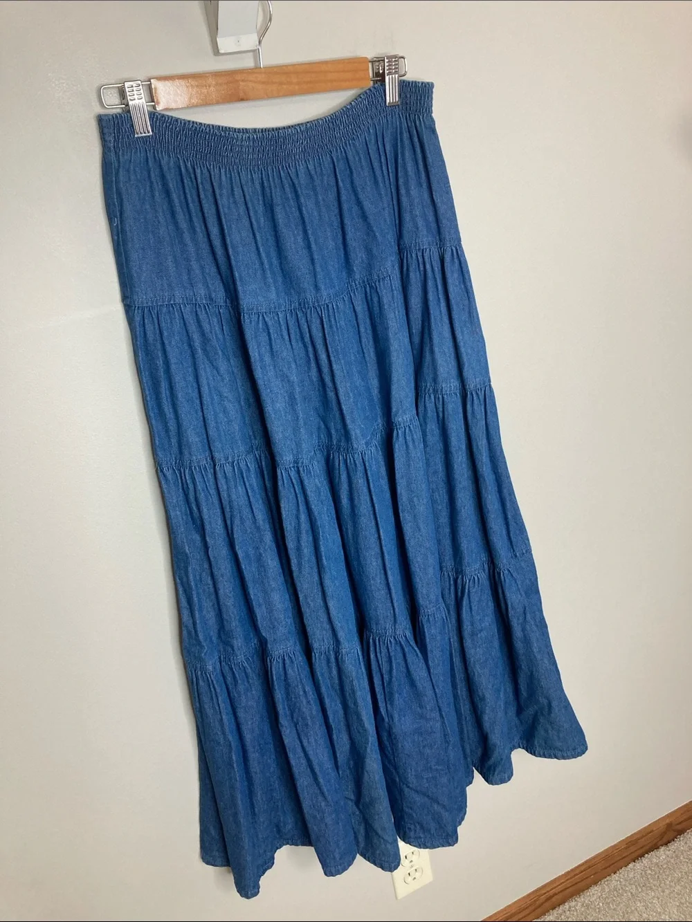 Willowbend Vintage Cotton Elastic-Waist Tiered Denim Maxi Skirt, Size Medium